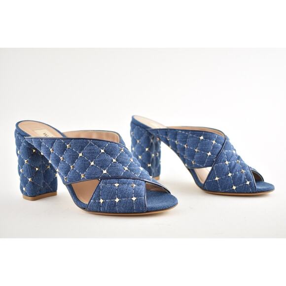 Valentino Rockstud Spike Denim Blue Mule Stud Backless Sandal Open Heel Pump 37 - Picture 2 of 12